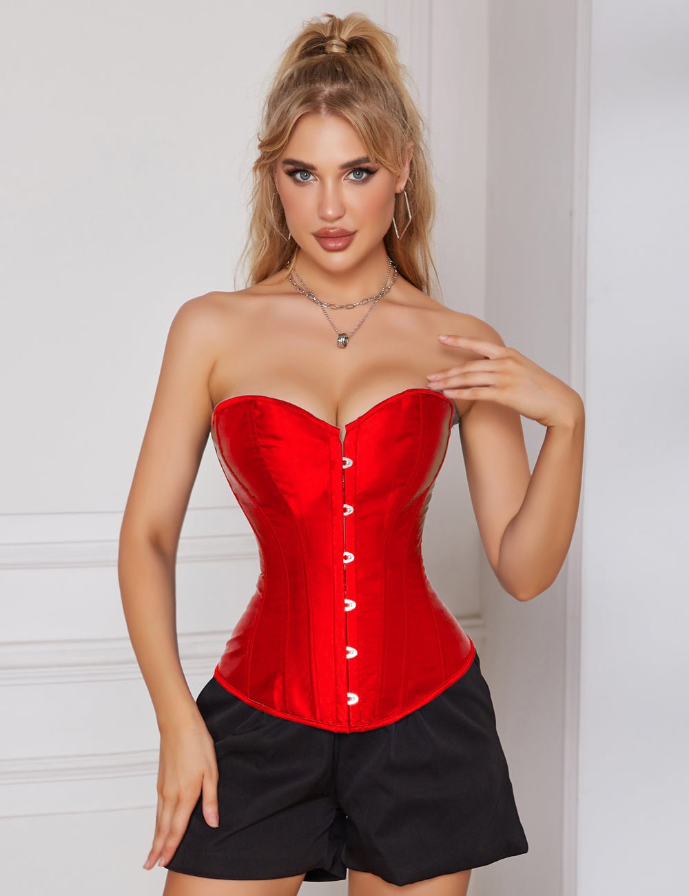 Red Satin Corset with Mesh Lantern Sleeves & Steel Buckle - TeaseFashion