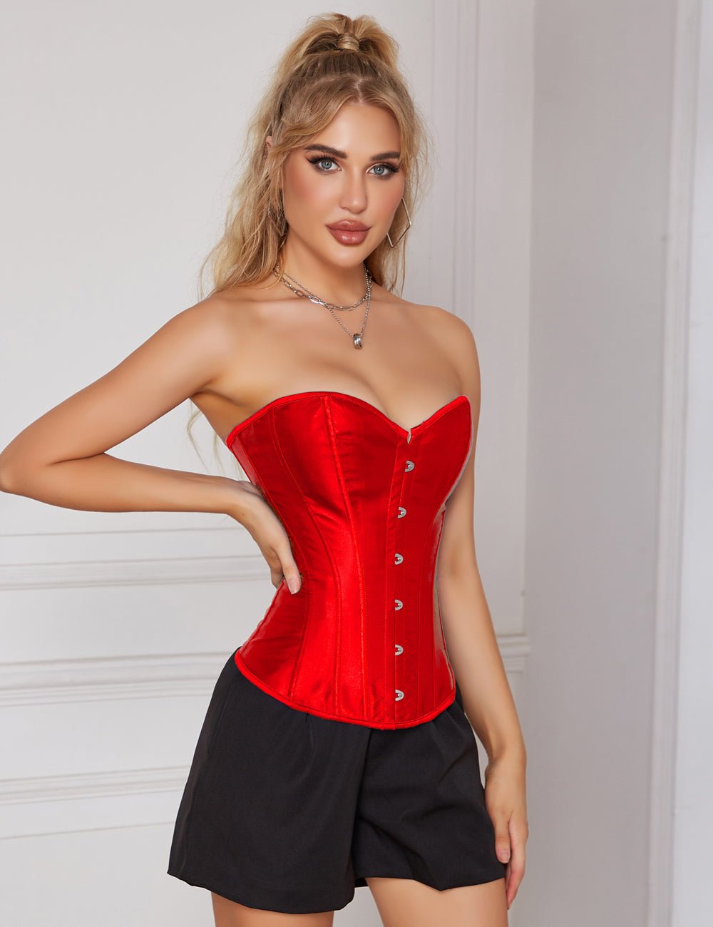 Red Satin Corset with Mesh Lantern Sleeves & Steel Buckle - TeaseFashion