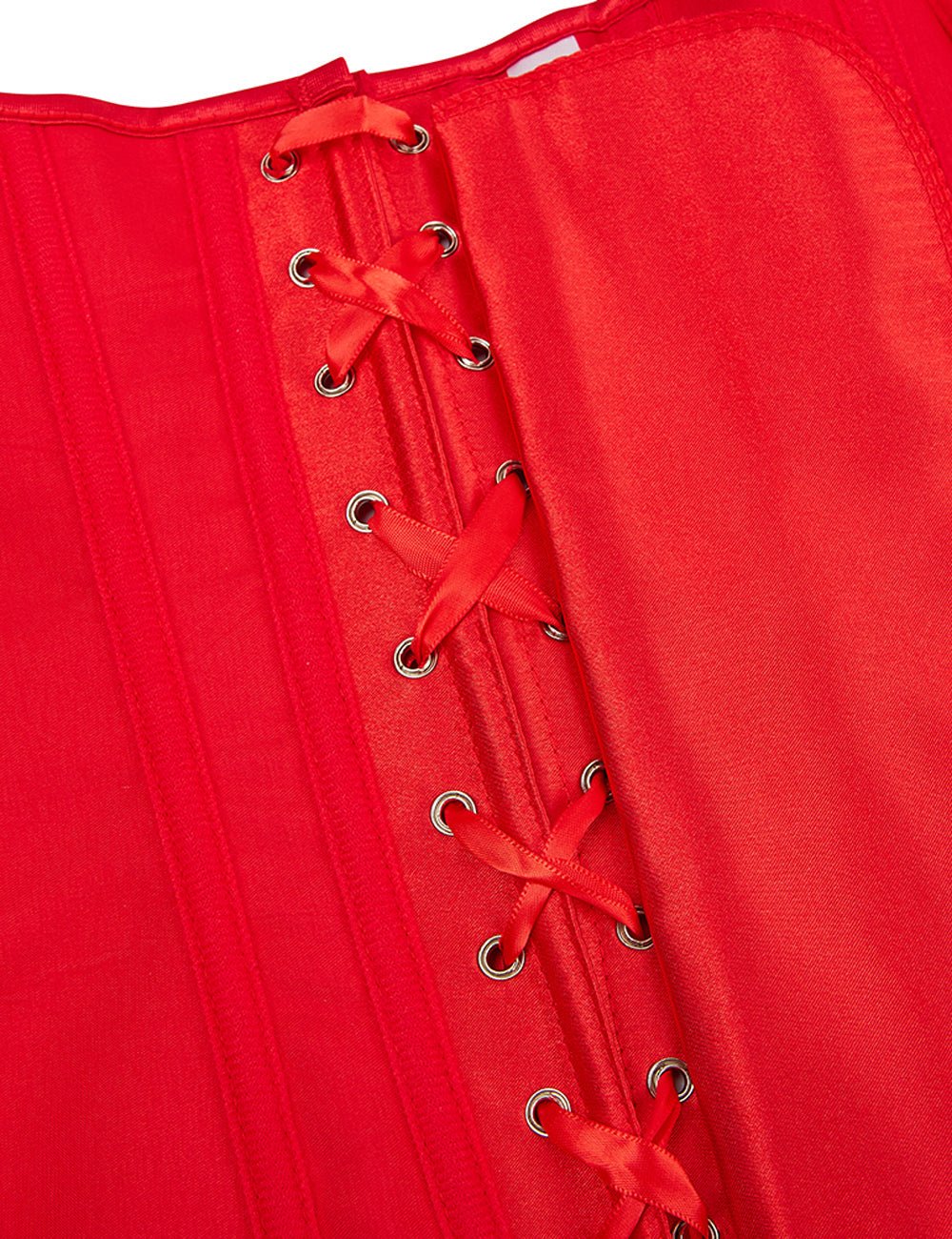 Red Satin Corset with Mesh Lantern Sleeves & Steel Buckle - TeaseFashion