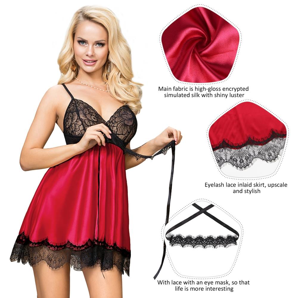 Red Satin - Finish Camisole Nightdress with Eyelash Lace Hem, G - String & Lace Eye Mask - TeaseFashion