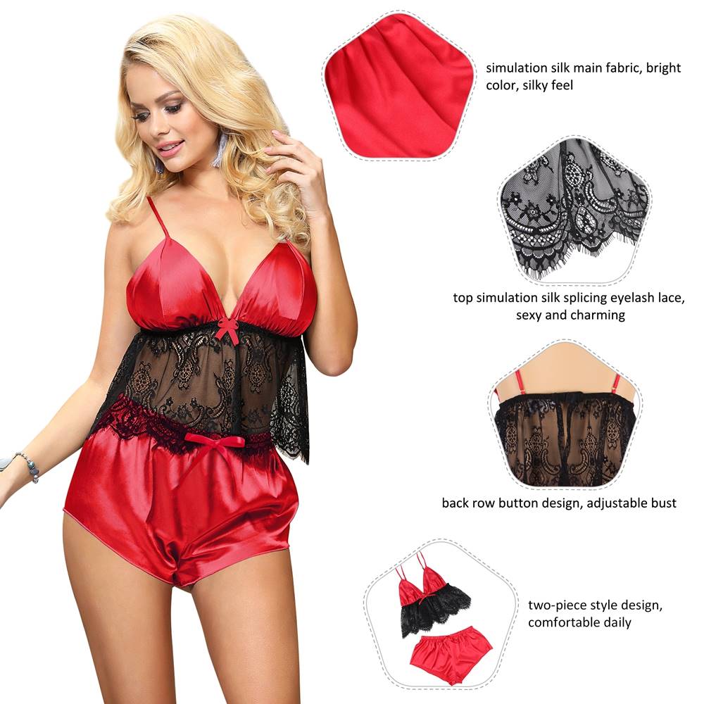 Red Satin - Finish Lace - Trim Camisole Pyjama Set – Adjustable Straps with Button Back - TeaseFashion