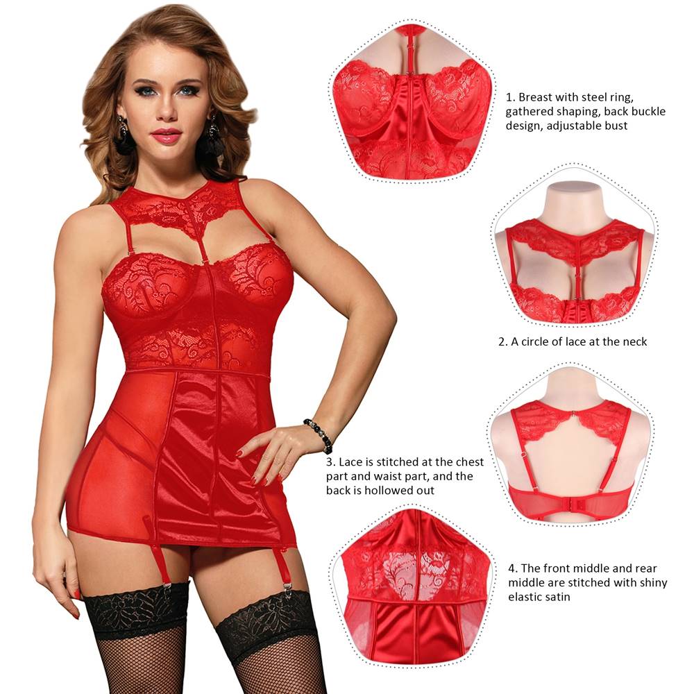 Red Satin Lace Garter Lingerie Set – Steel Ring Cups, Glossy Elastic Panels, Hollow - Out Back, Garter Straps & Thong Included - TeaseFashion