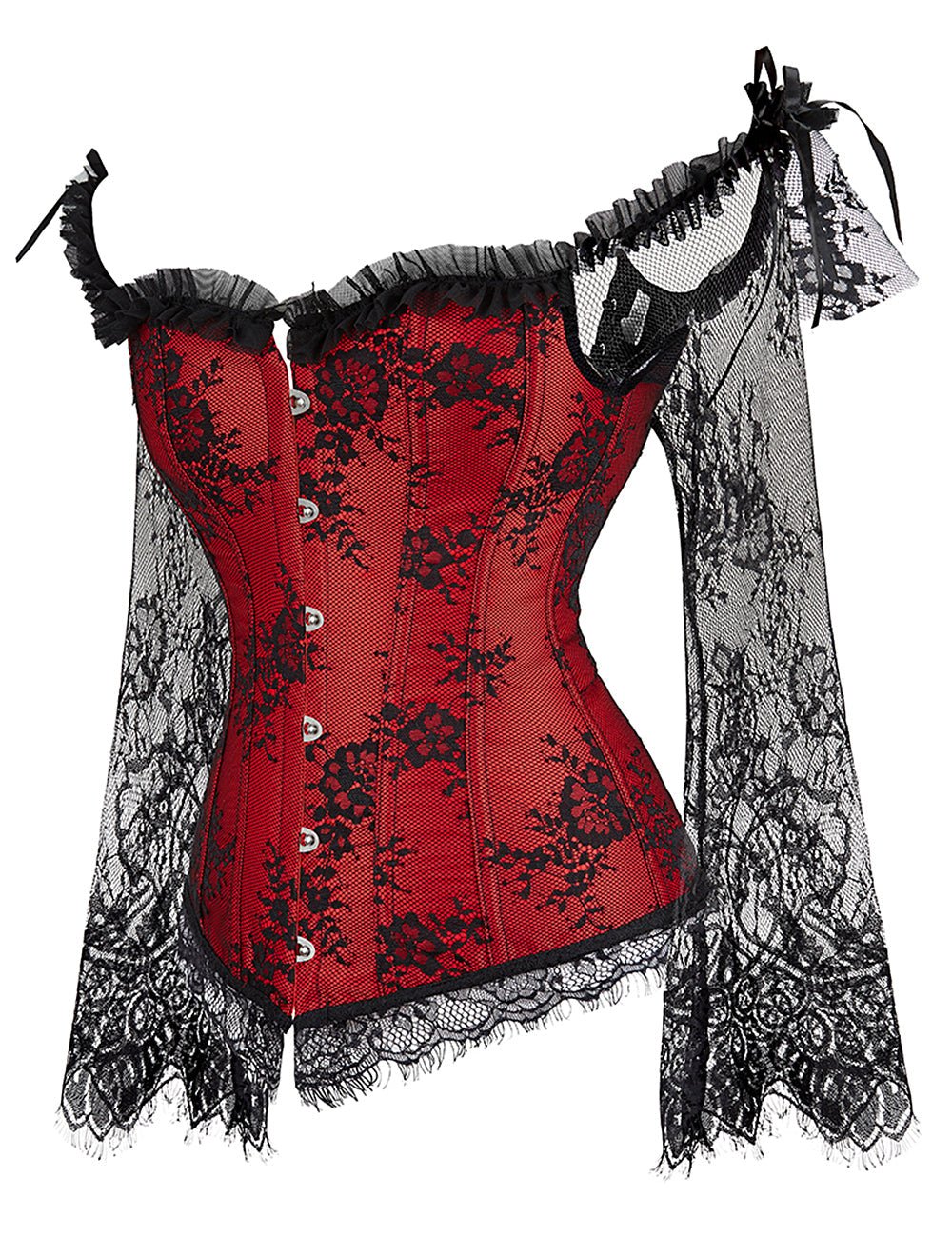 Red Satin & Lace Off - Shoulder Bodysuit – Ruffles, Bows & 12 Bones - TeaseFashion