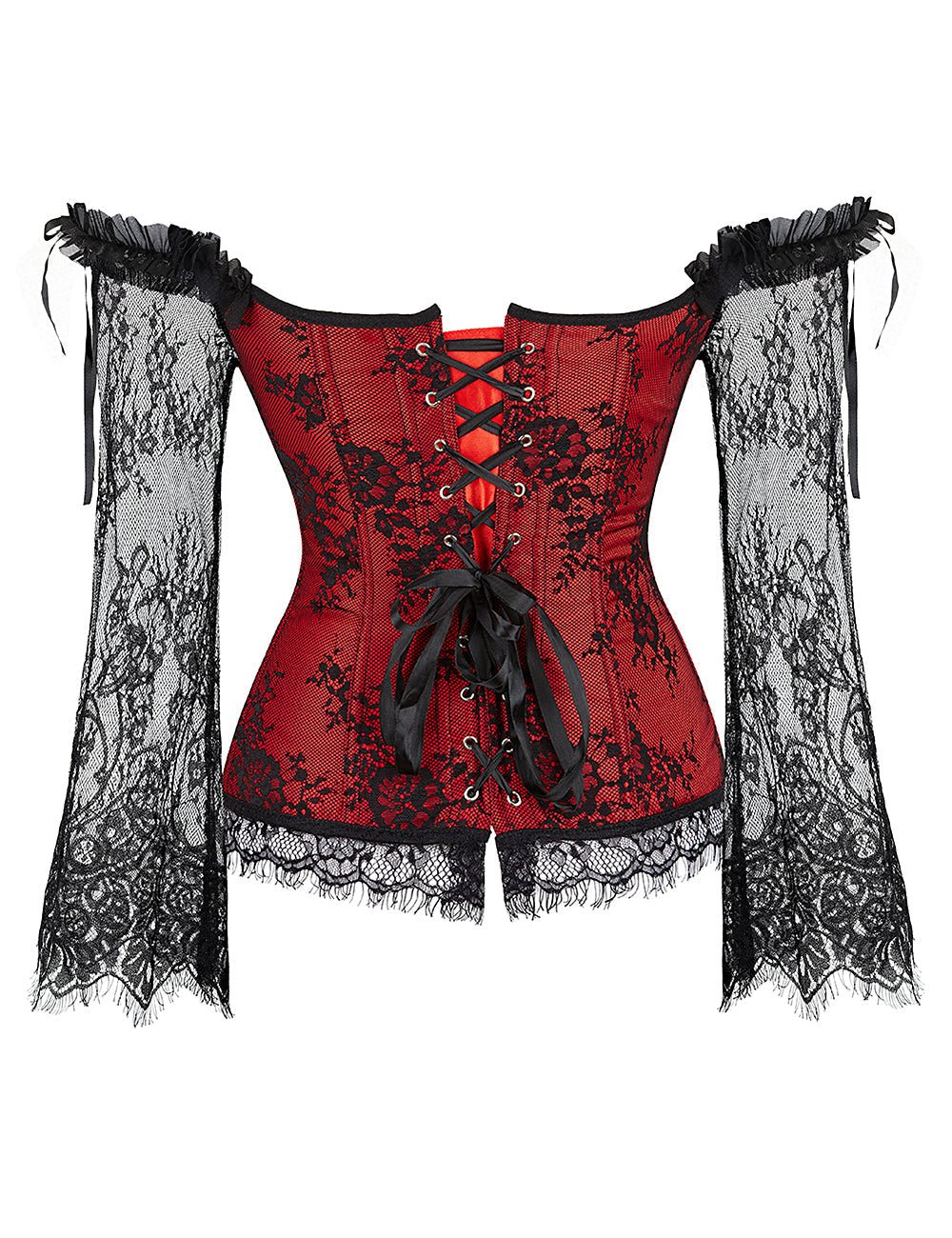 Red Satin & Lace Off - Shoulder Bodysuit – Ruffles, Bows & 12 Bones - TeaseFashion
