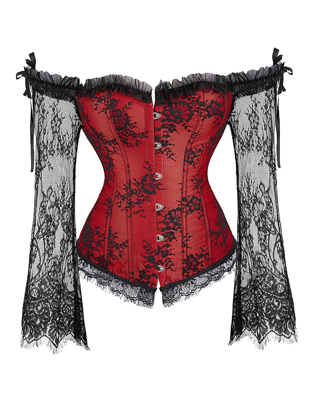 Red Satin & Lace Off - Shoulder Bodysuit – Ruffles, Bows & 12 Bones - TeaseFashion
