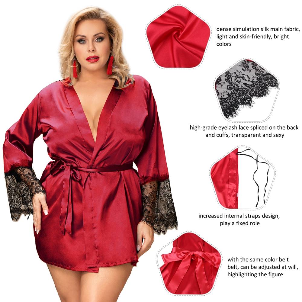 Red Satin & Lace Open - Front Nightgown – Eyelash Lace Back & Cuffs, Internal Tie & Waist Belt - TeaseFashion