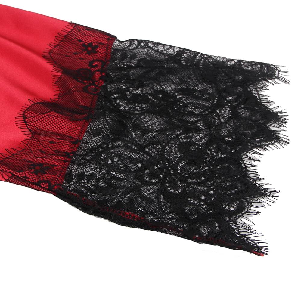 Red Satin & Lace Open - Front Nightgown – Eyelash Lace Back & Cuffs, Internal Tie & Waist Belt - TeaseFashion