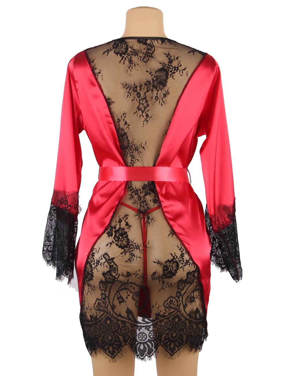 Red Satin & Lace Open - Front Nightgown – Eyelash Lace Back & Cuffs, Internal Tie & Waist Belt - TeaseFashion
