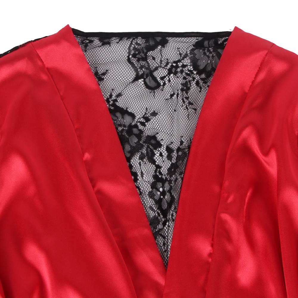 Red Satin & Lace Open - Front Nightgown – Eyelash Lace Back & Cuffs, Internal Tie & Waist Belt - TeaseFashion