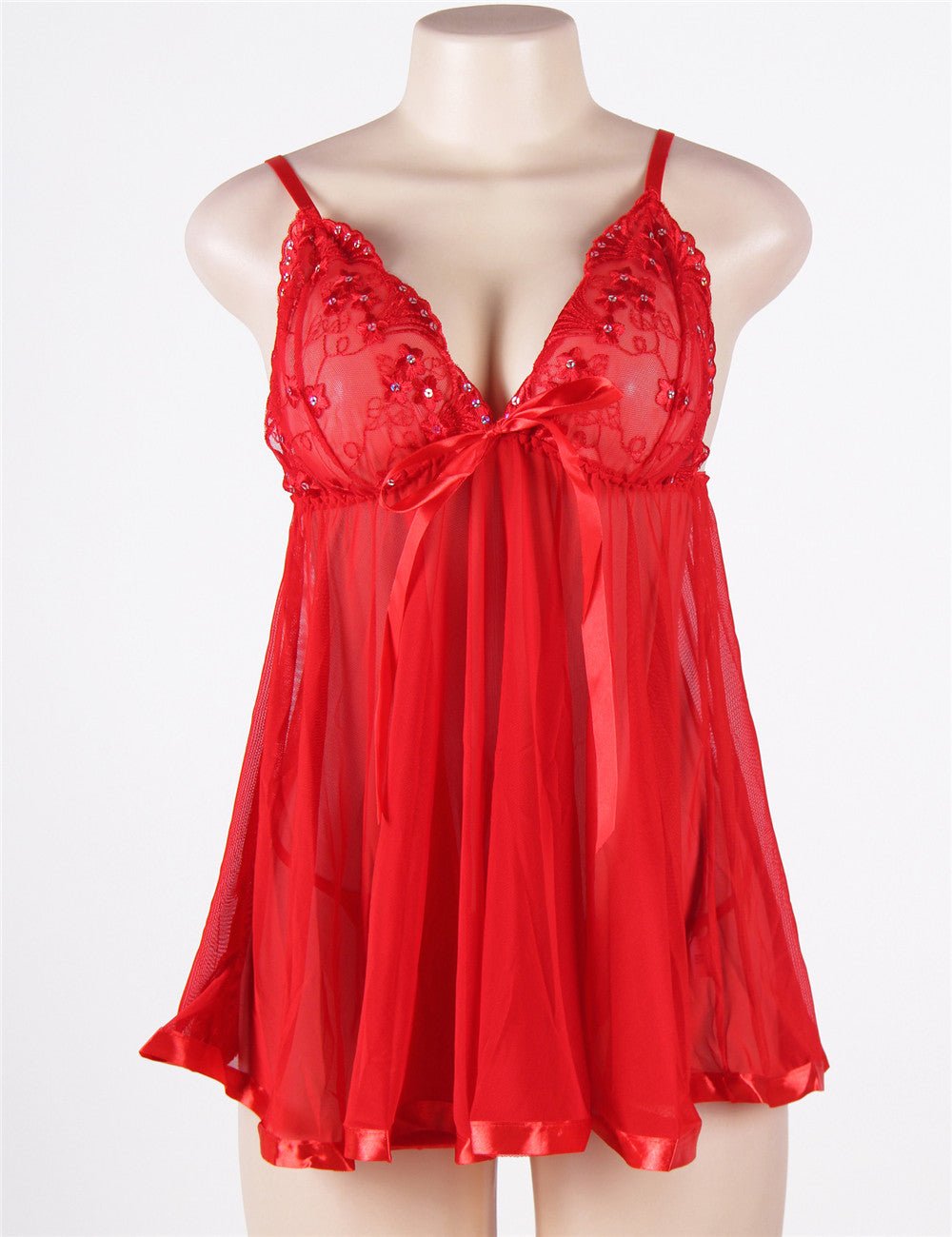 Red Sequin - Embroidered Mesh Babydoll & Thong Set - TeaseFashion