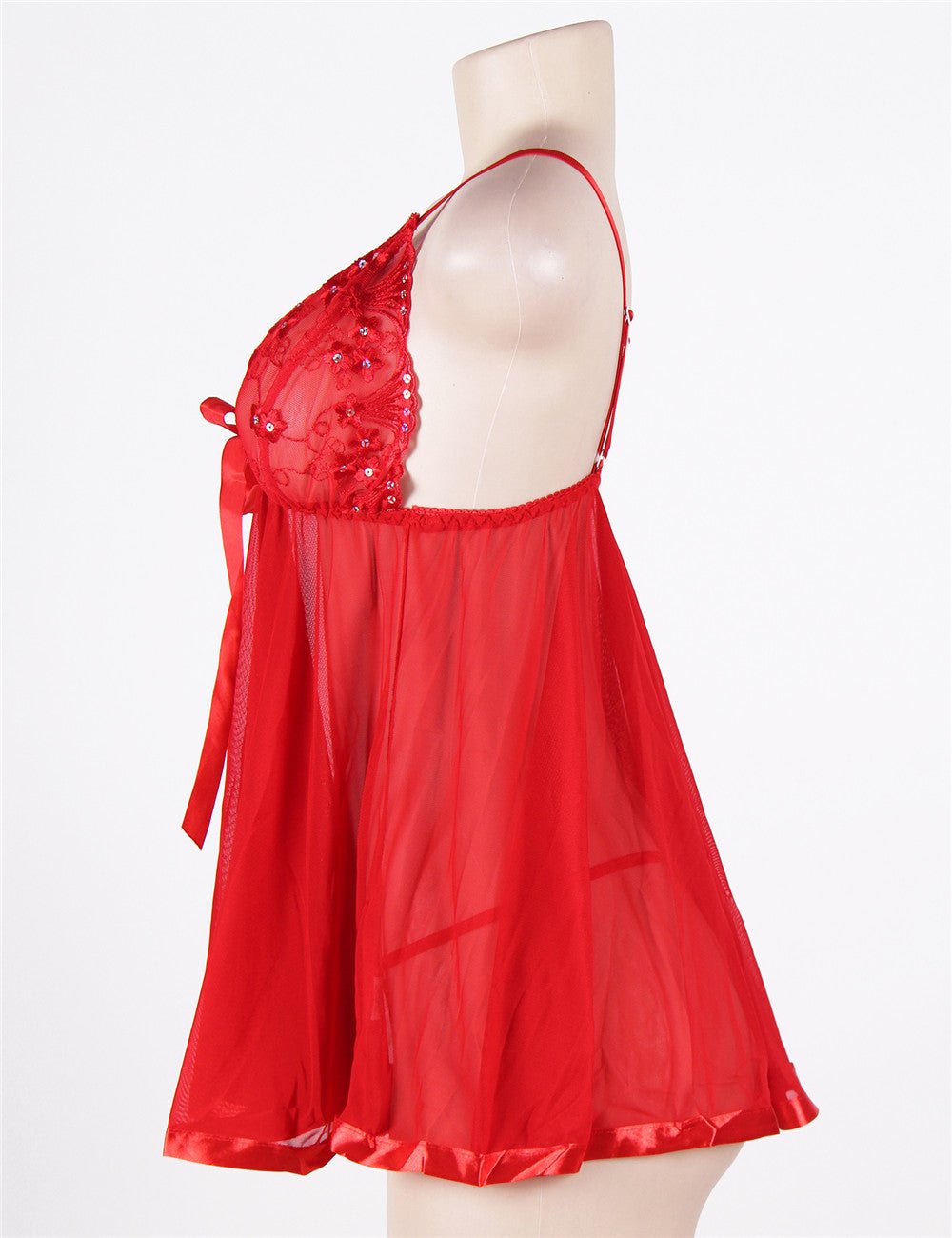 Red Sequin - Embroidered Mesh Babydoll & Thong Set - TeaseFashion