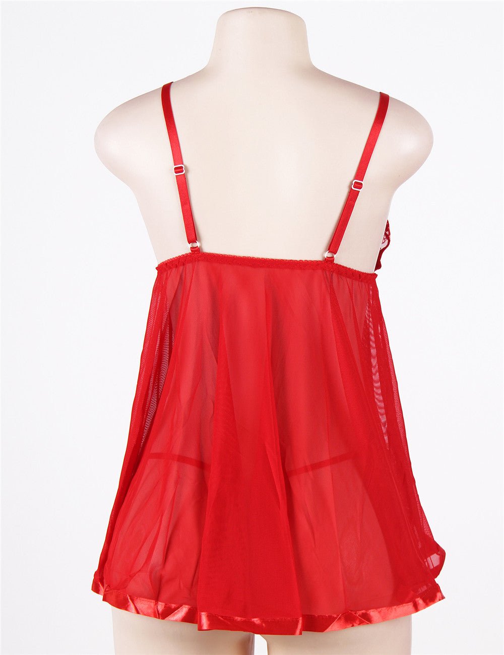 Red Sequin - Embroidered Mesh Babydoll & Thong Set - TeaseFashion