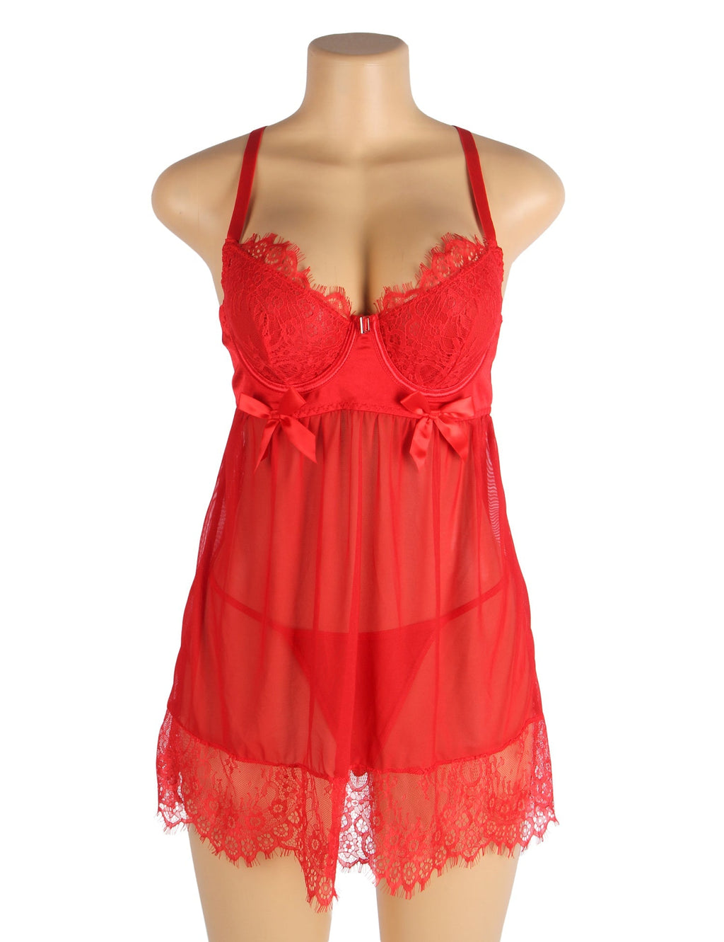Red Sexy Eyelash Lace Mesh Cross Straps Push Up Nightdress - TeaseFashion