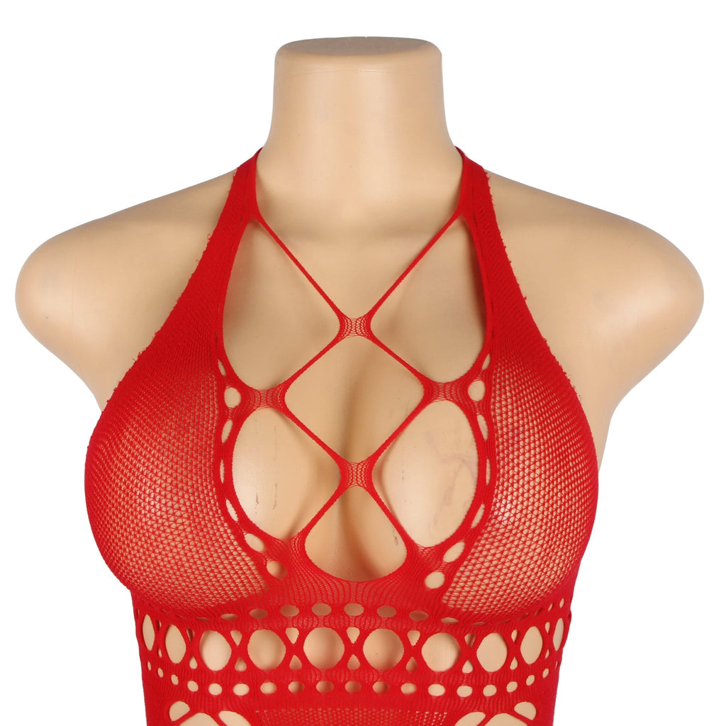 Red Sexy Fishnet Hollow Out Long Lingerie Babydolls - TeaseFashion