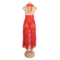 Red Lace Mesh Nightgown – Deep V Halter, Front Slit & Ribbon Detail - TeaseFashion