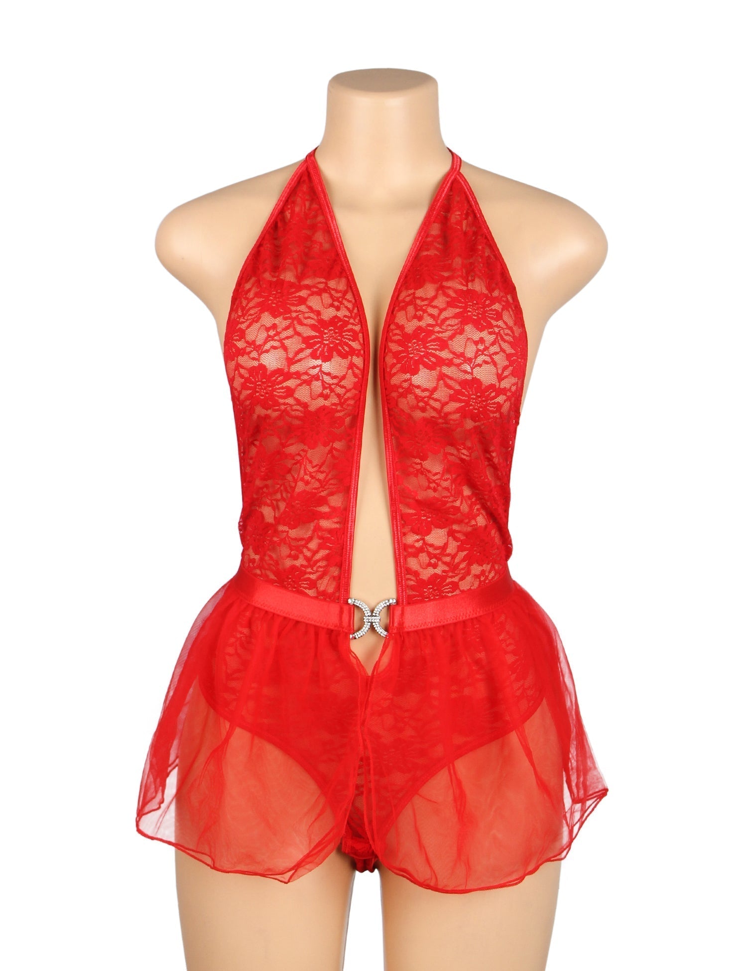 Red Sexy Lace Mesh Halter Neck Open Crotch Teddy Lingerie 2PCS Set - TeaseFashion