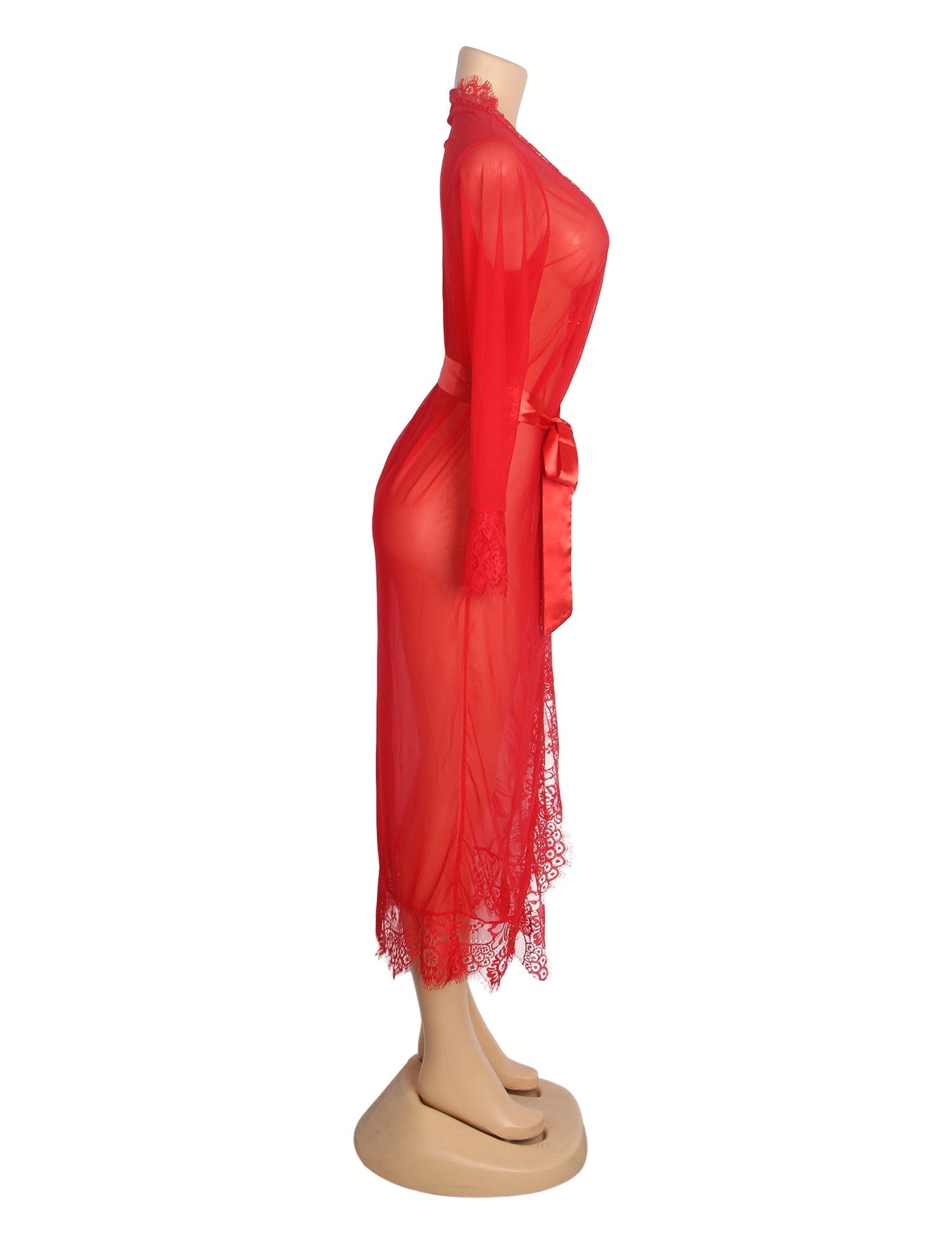 Red Sexy Mesh Eyelash Lace Long Nightgown with Belt - TeaseFashion
