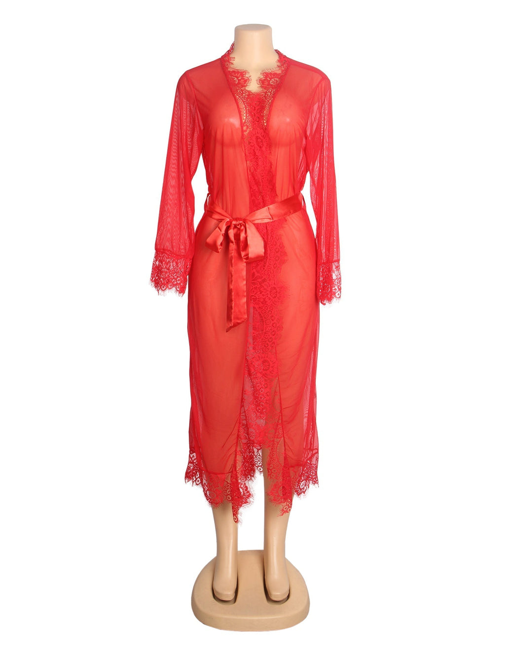 Red Sexy Mesh Eyelash Lace Long Nightgown with Belt - TeaseFashion