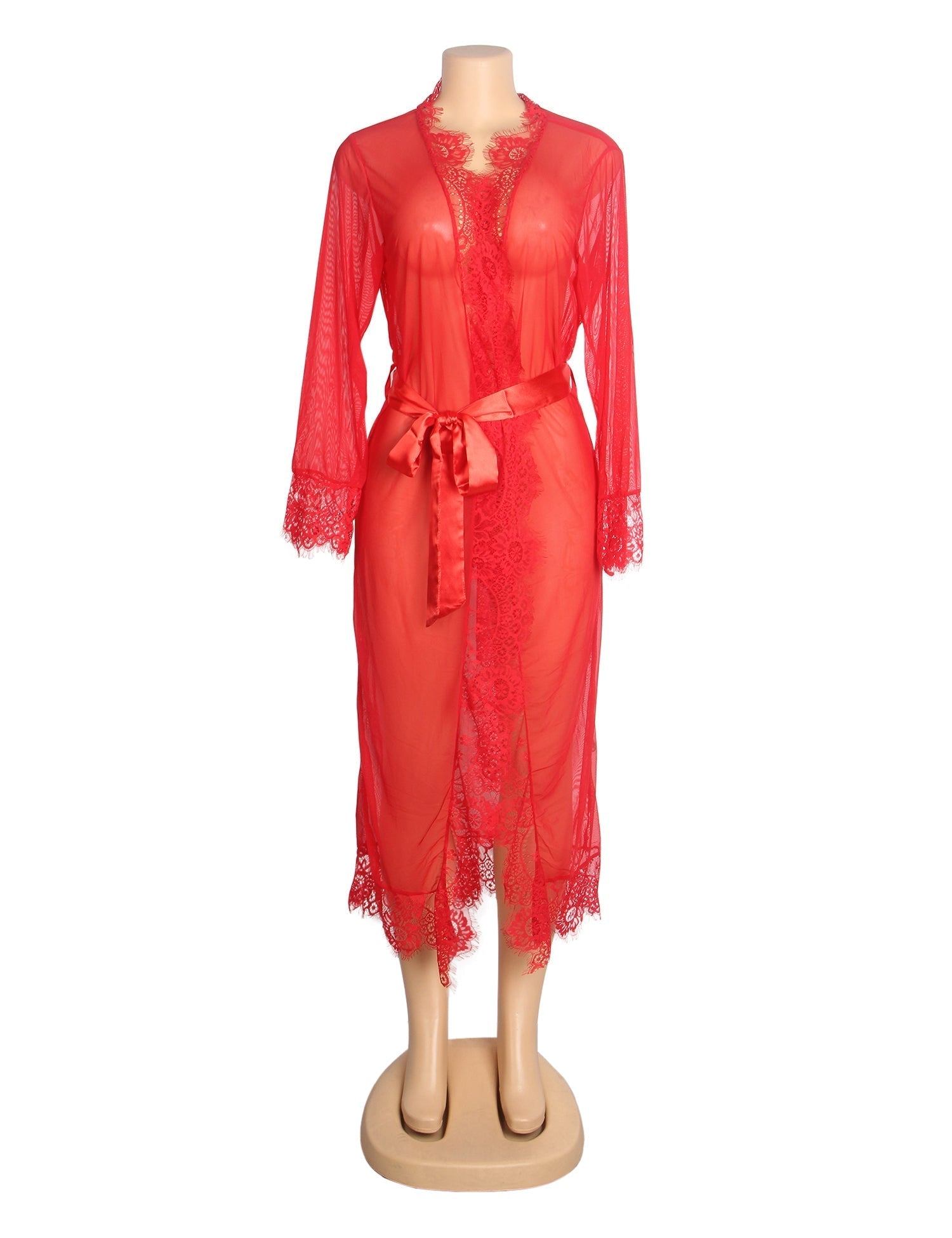 Red Sexy Mesh Eyelash Lace Long Nightgown with Belt - TeaseFashion