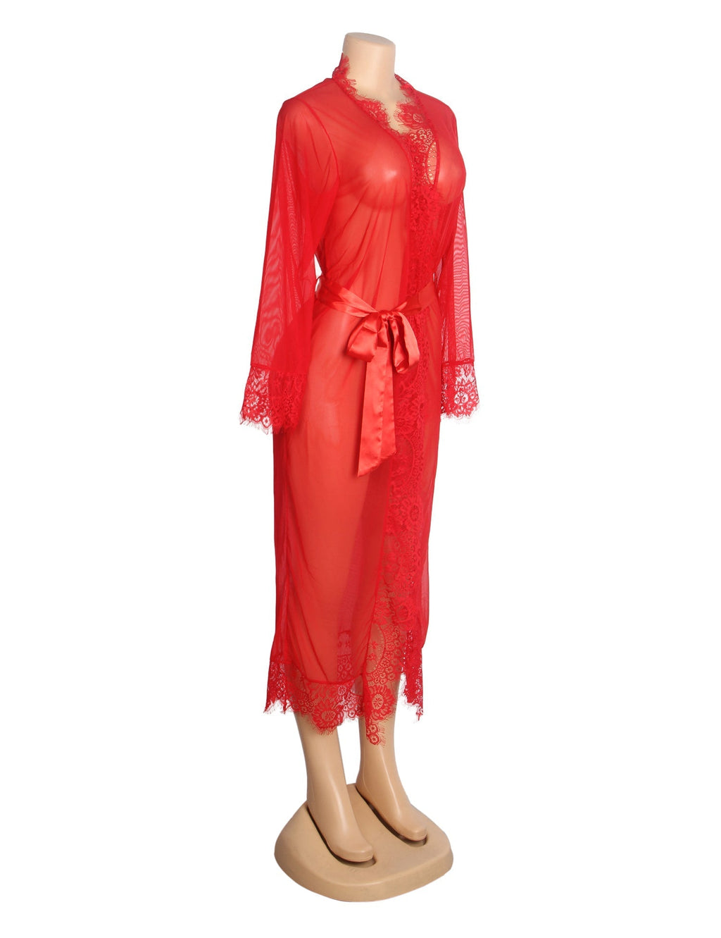 Red Sexy Mesh Eyelash Lace Long Nightgown with Belt - TeaseFashion
