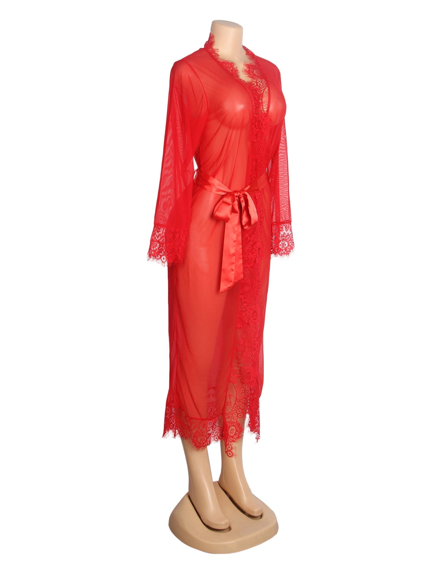 Red Sexy Mesh Eyelash Lace Long Nightgown with Belt - TeaseFashion