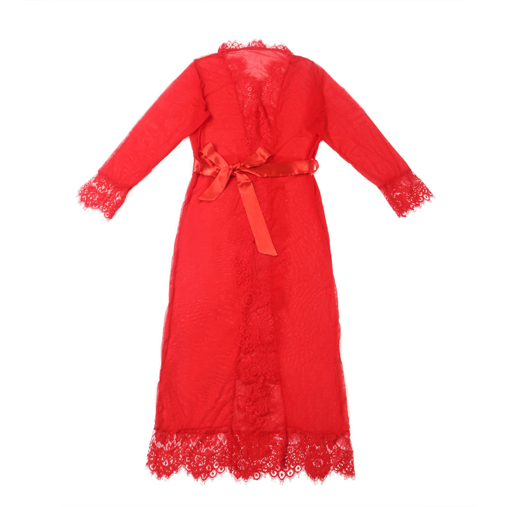 Red Sexy Mesh Eyelash Lace Long Nightgown with Belt - TeaseFashion