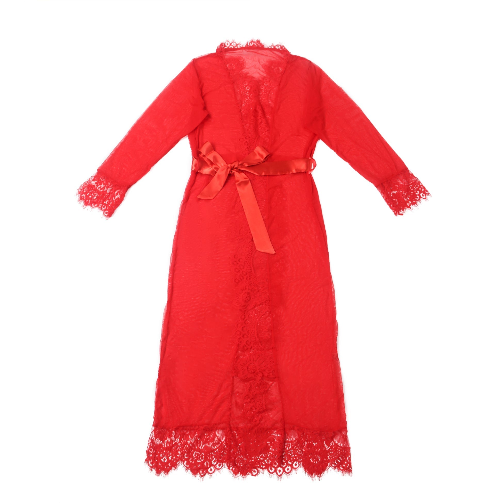 Red Sexy Mesh Eyelash Lace Long Nightgown with Belt - TeaseFashion