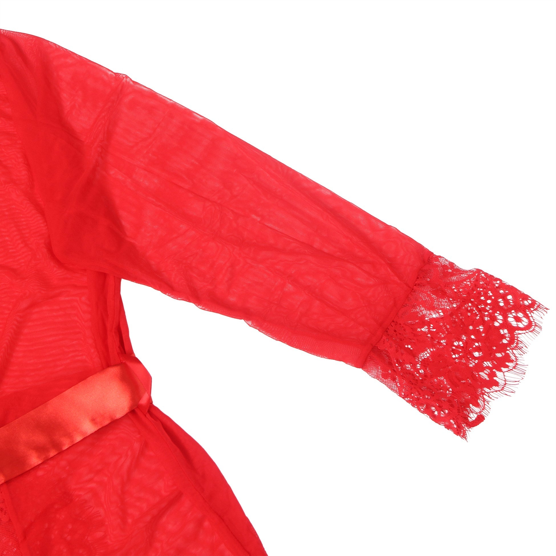 Red Sexy Mesh Eyelash Lace Long Nightgown with Belt - TeaseFashion