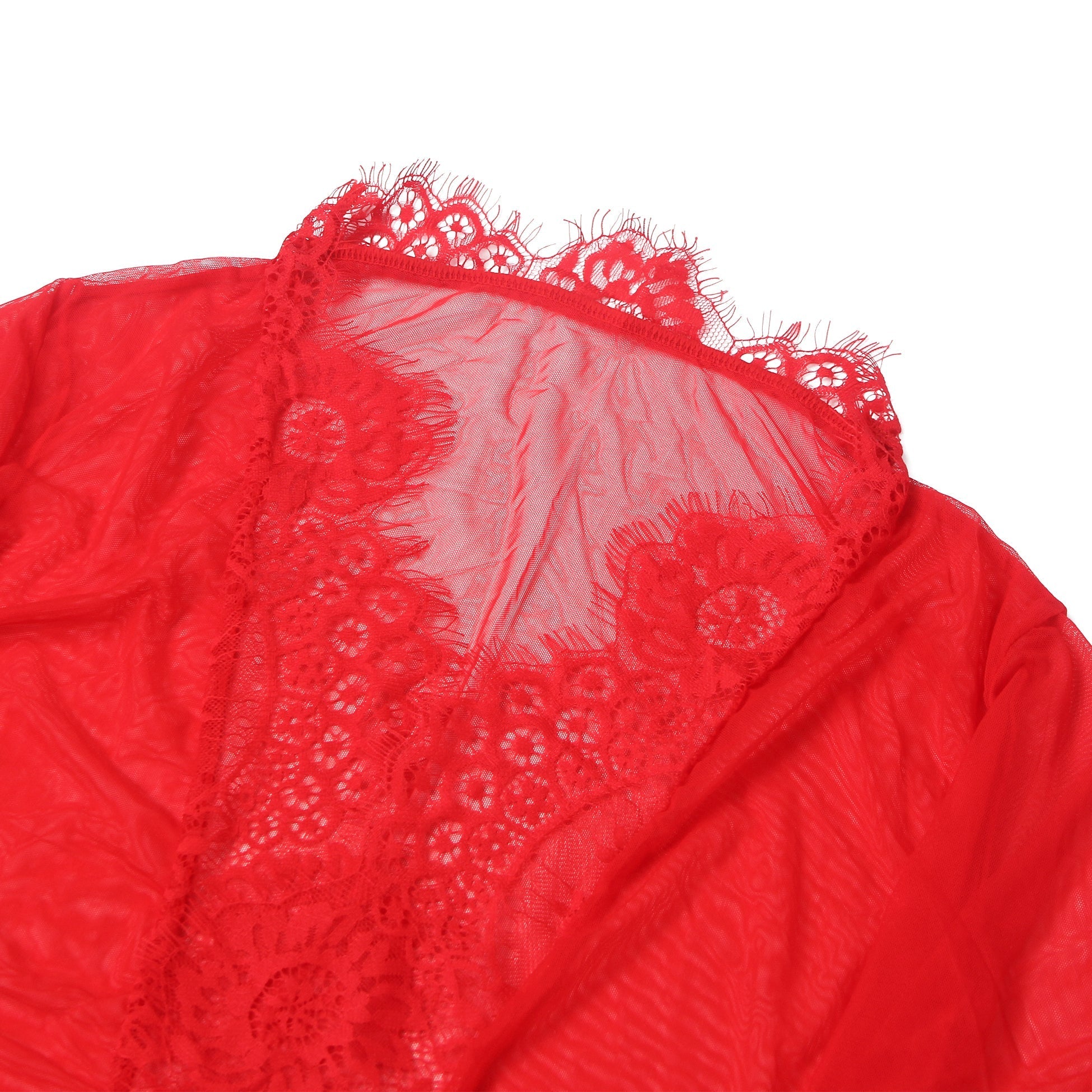 Red Sexy Mesh Eyelash Lace Long Nightgown with Belt - TeaseFashion