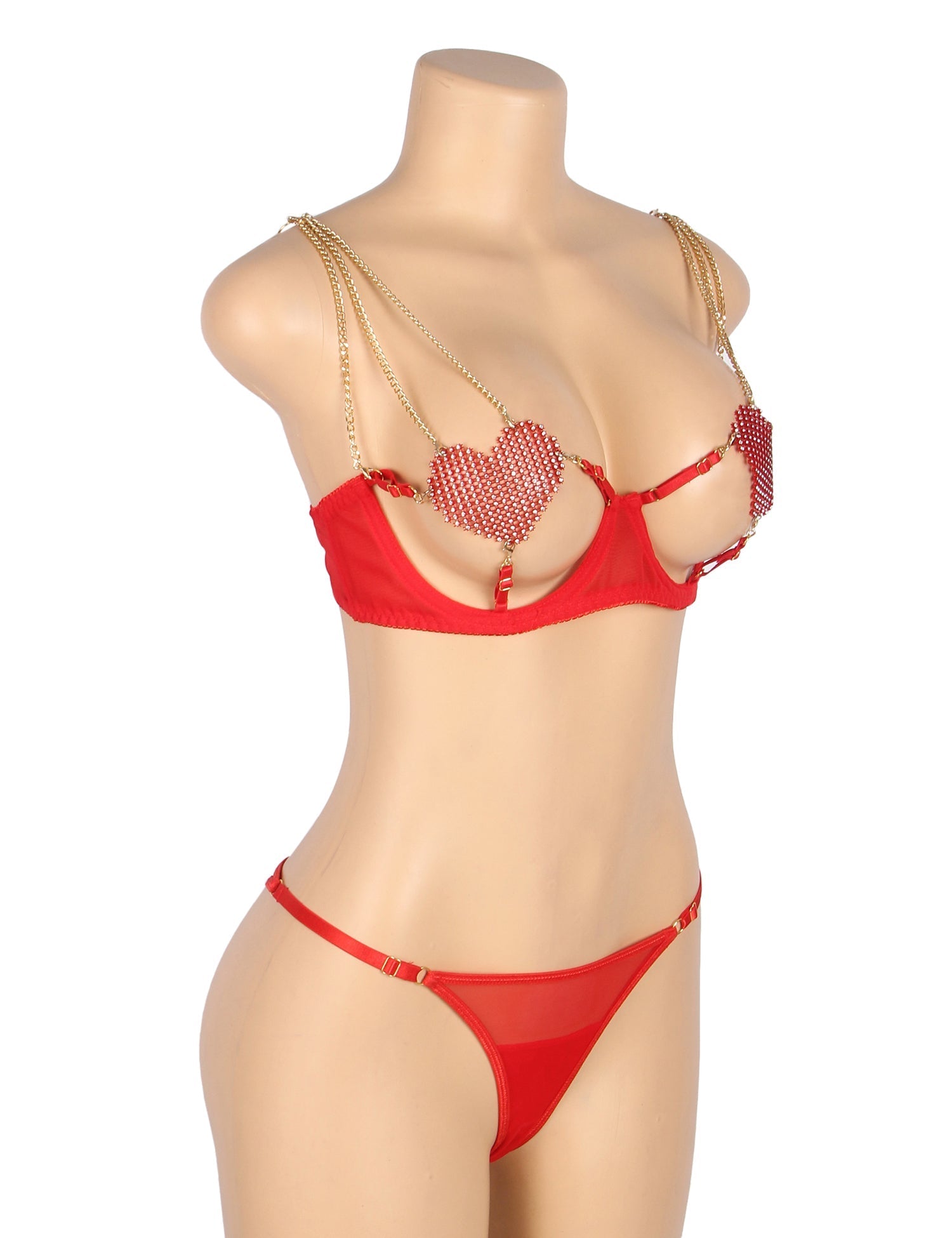 Red Sexy Mesh Heart Chain Bra Set - TeaseFashion