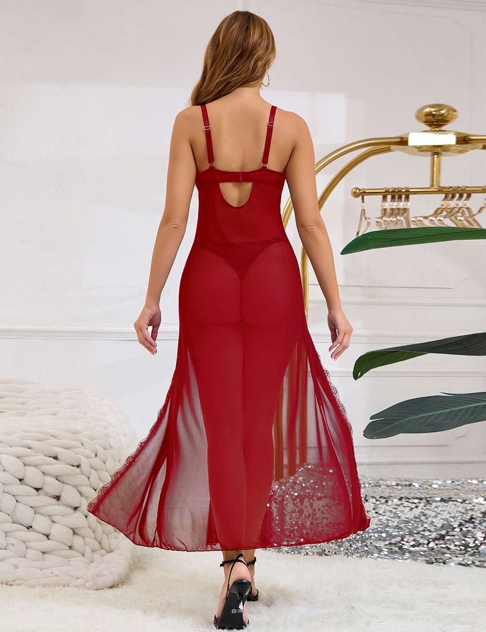Red Sexy Mesh Lace Long Split Nightgown - TeaseFashion