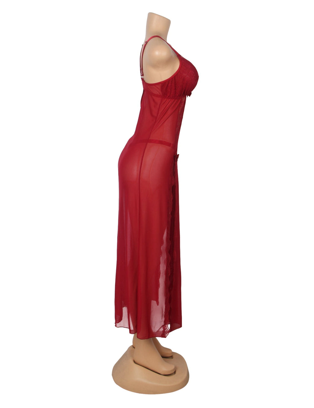 Red Sexy Mesh Lace Long Split Nightgown - TeaseFashion