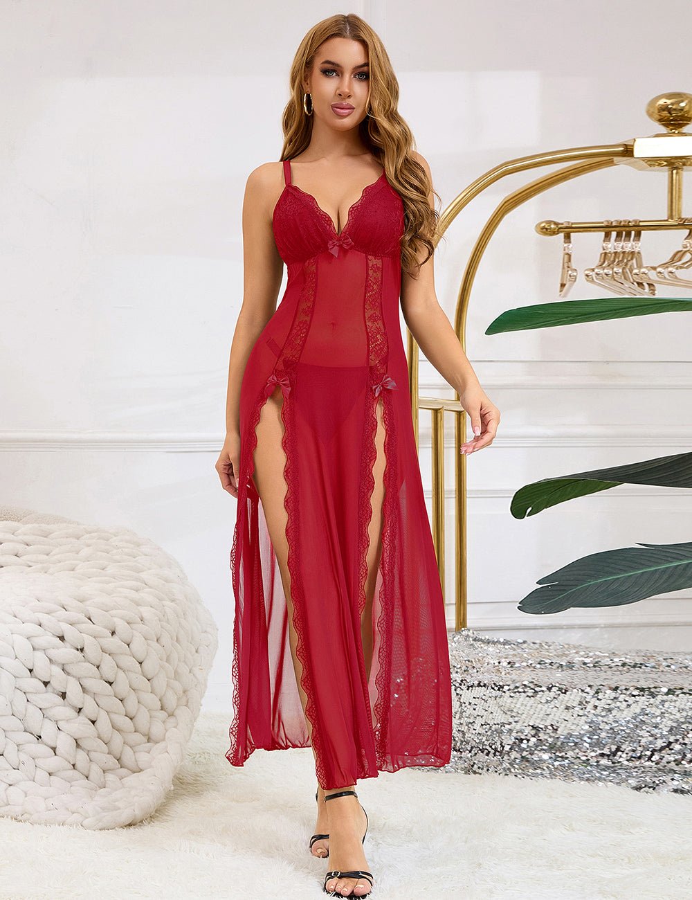 Red Sexy Mesh Lace Long Split Nightgown - TeaseFashion