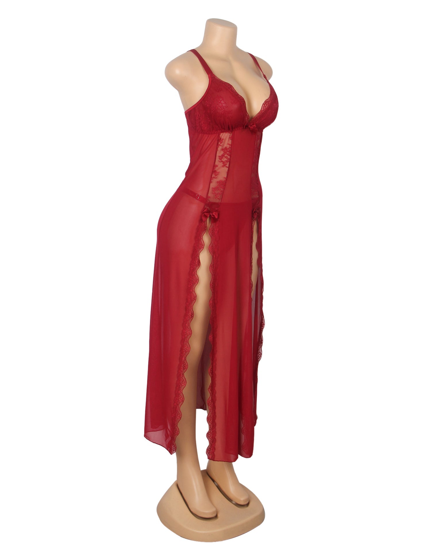 Red Sexy Mesh Lace Long Split Nightgown - TeaseFashion