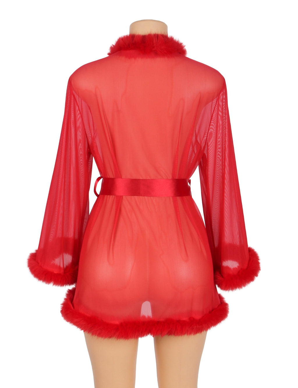 Red Sexy Mesh Mink Fur Trim Short Robe With Belt - TeaseFashion