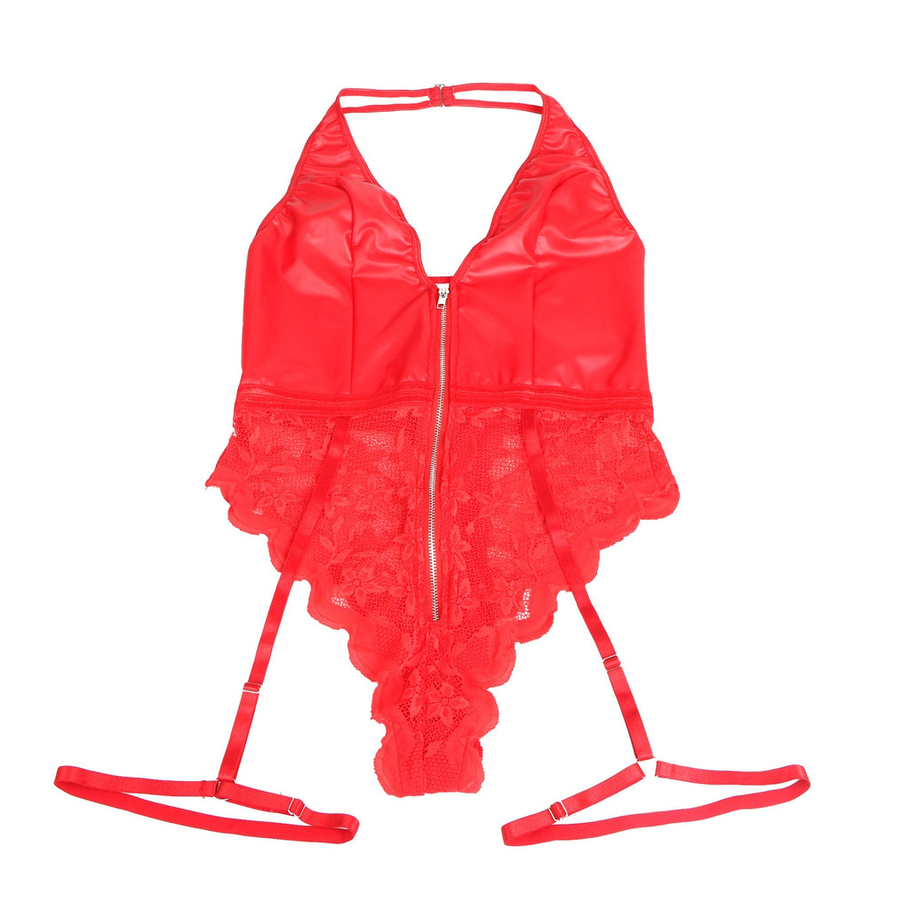 Red Sexy PU Leather Lace Zippered Halter Bodysuit - TeaseFashion