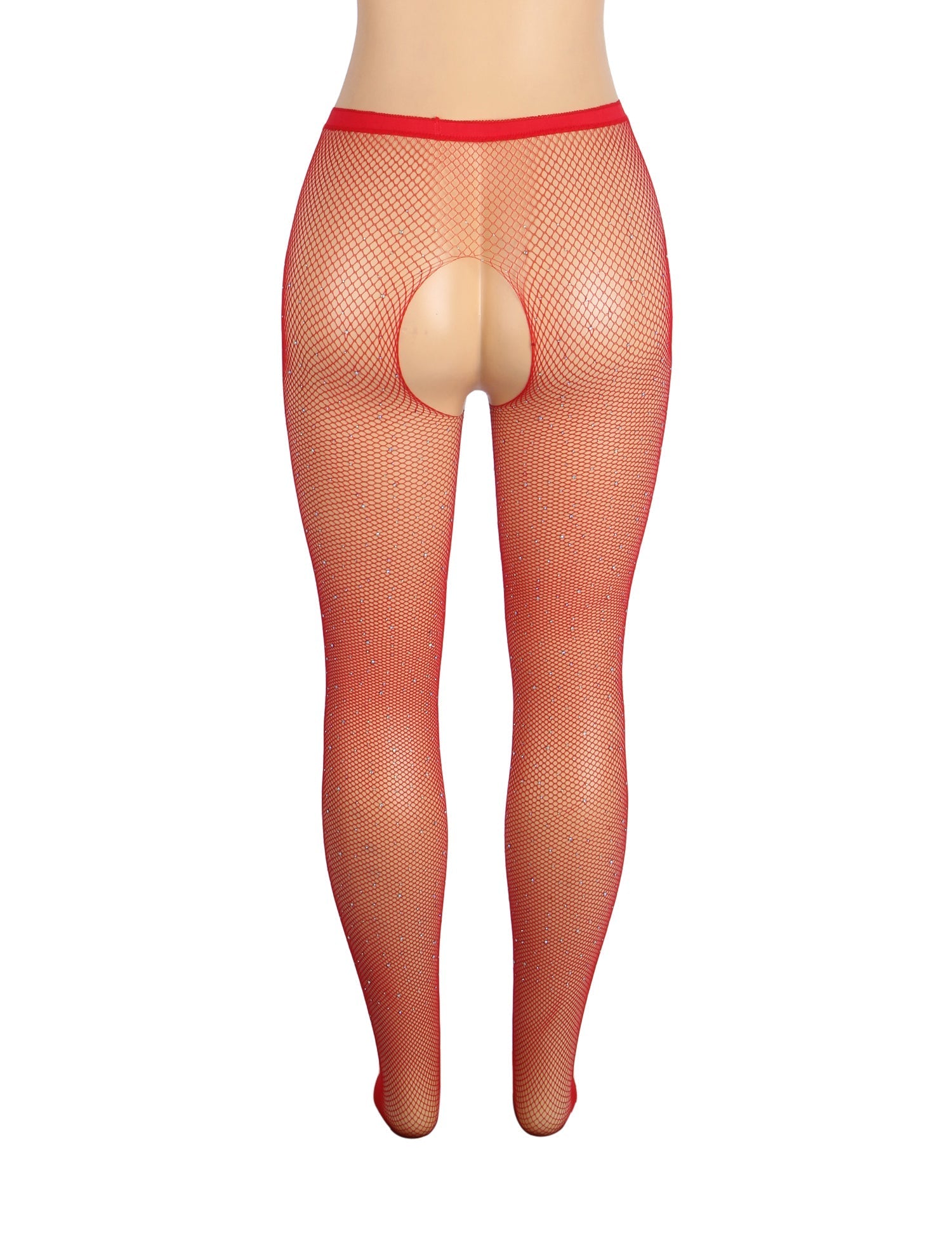 Red Sexy Rhinestone Crotchless Fishnet Pantyhose - TeaseFashion