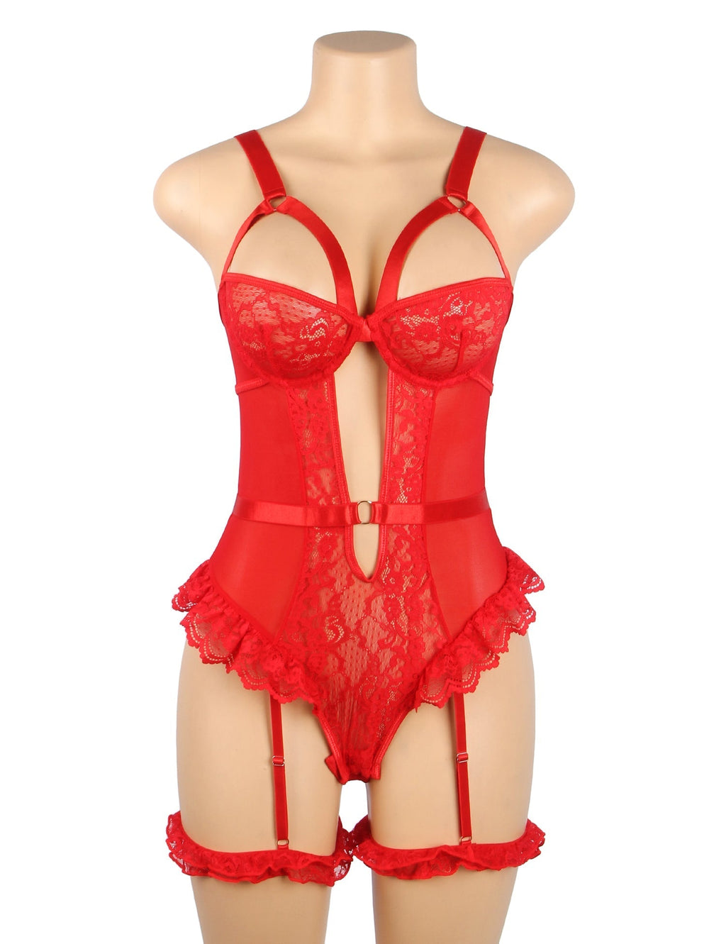 Red Sexy Slim Lace Garter Leg Ring Teddy - TeaseFashion