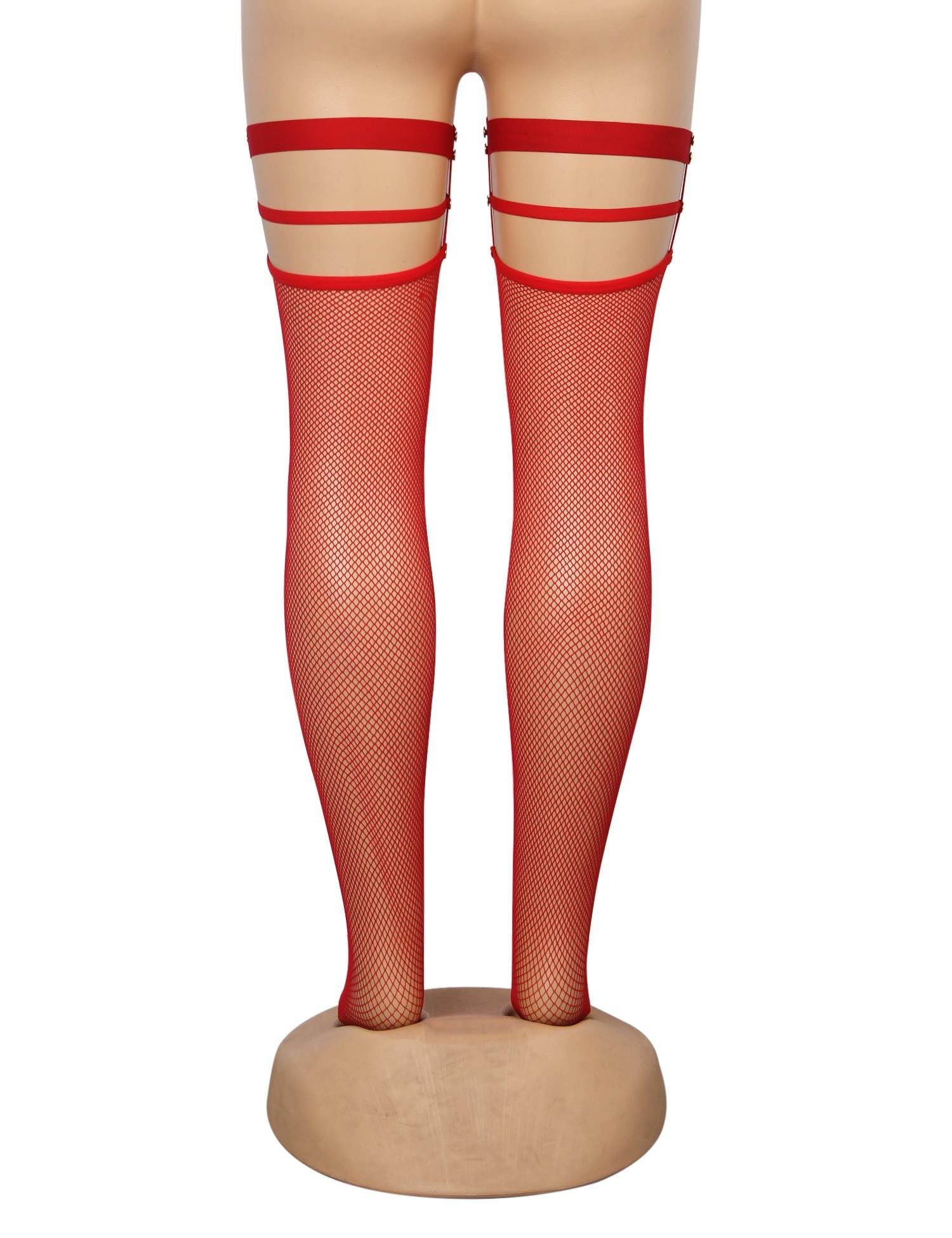 Red Sexy Small Mesh Elastic Rivet Fishnet Stockings - TeaseFashion