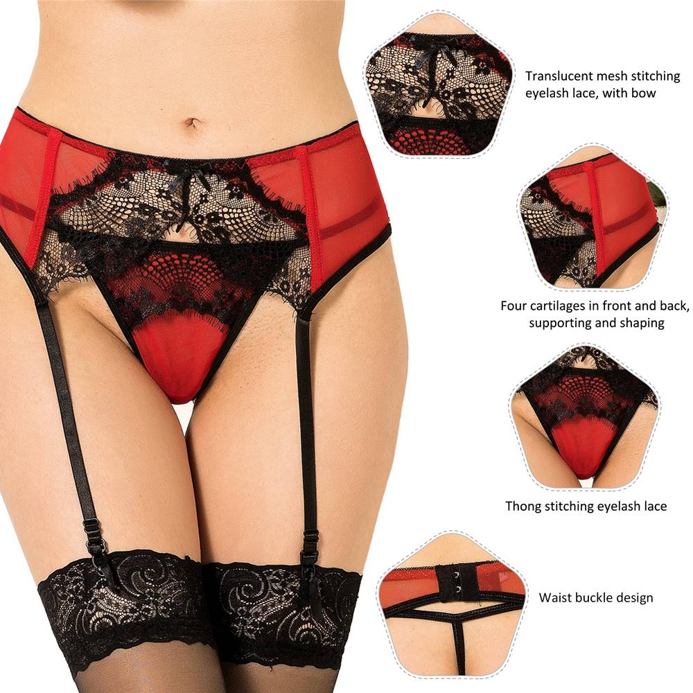Red Sexy Transparent Lace Garter Panty - TeaseFashion