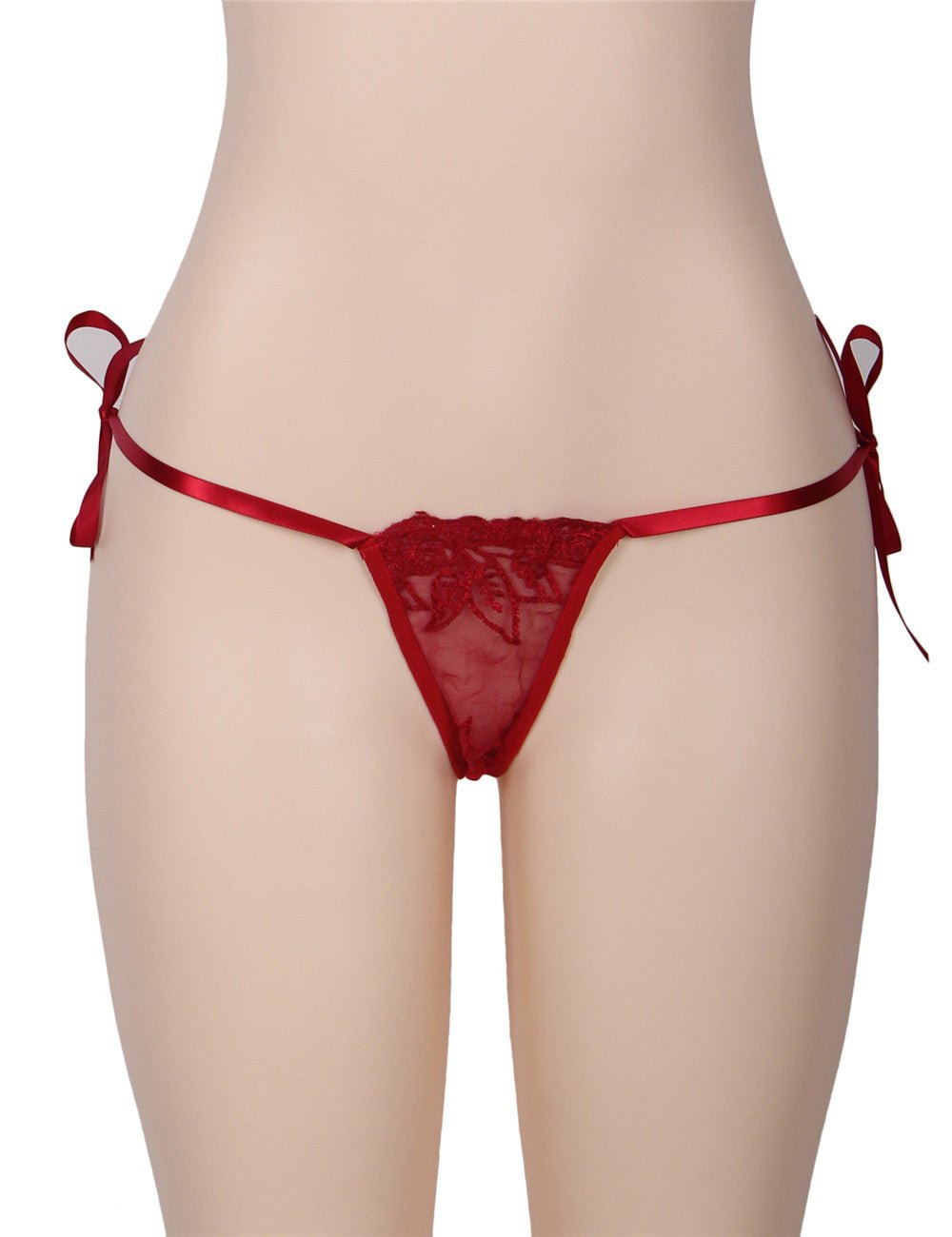 Red Sheer Mesh Babydoll – Deep V Neck, 3D Embroidery, Front Slit & Matching Thong - TeaseFashion