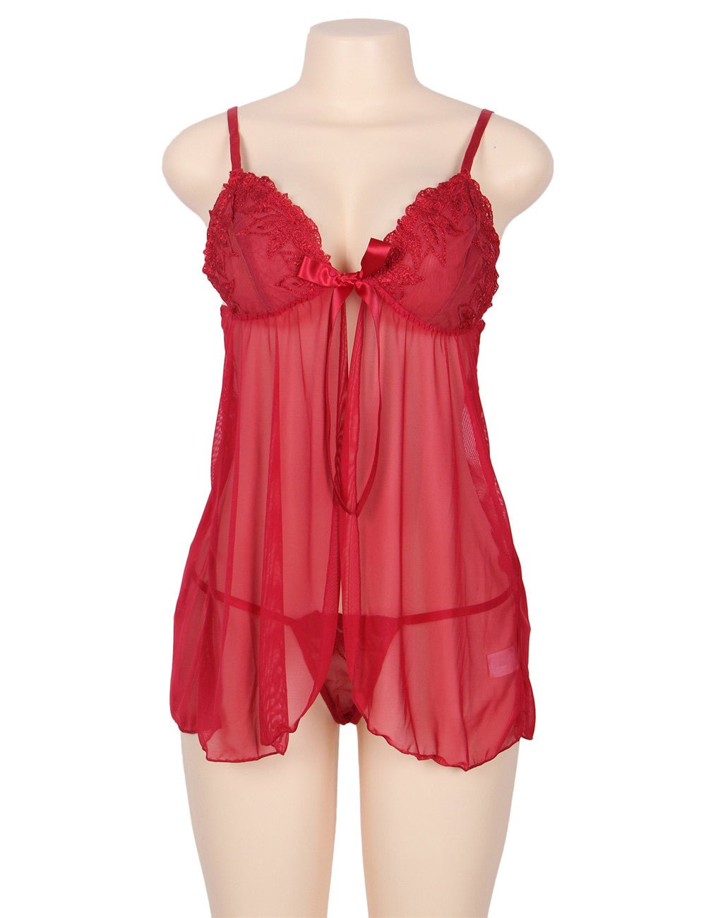 Red Sheer Mesh Babydoll – Deep V Neck, 3D Embroidery, Front Slit & Matching Thong - TeaseFashion