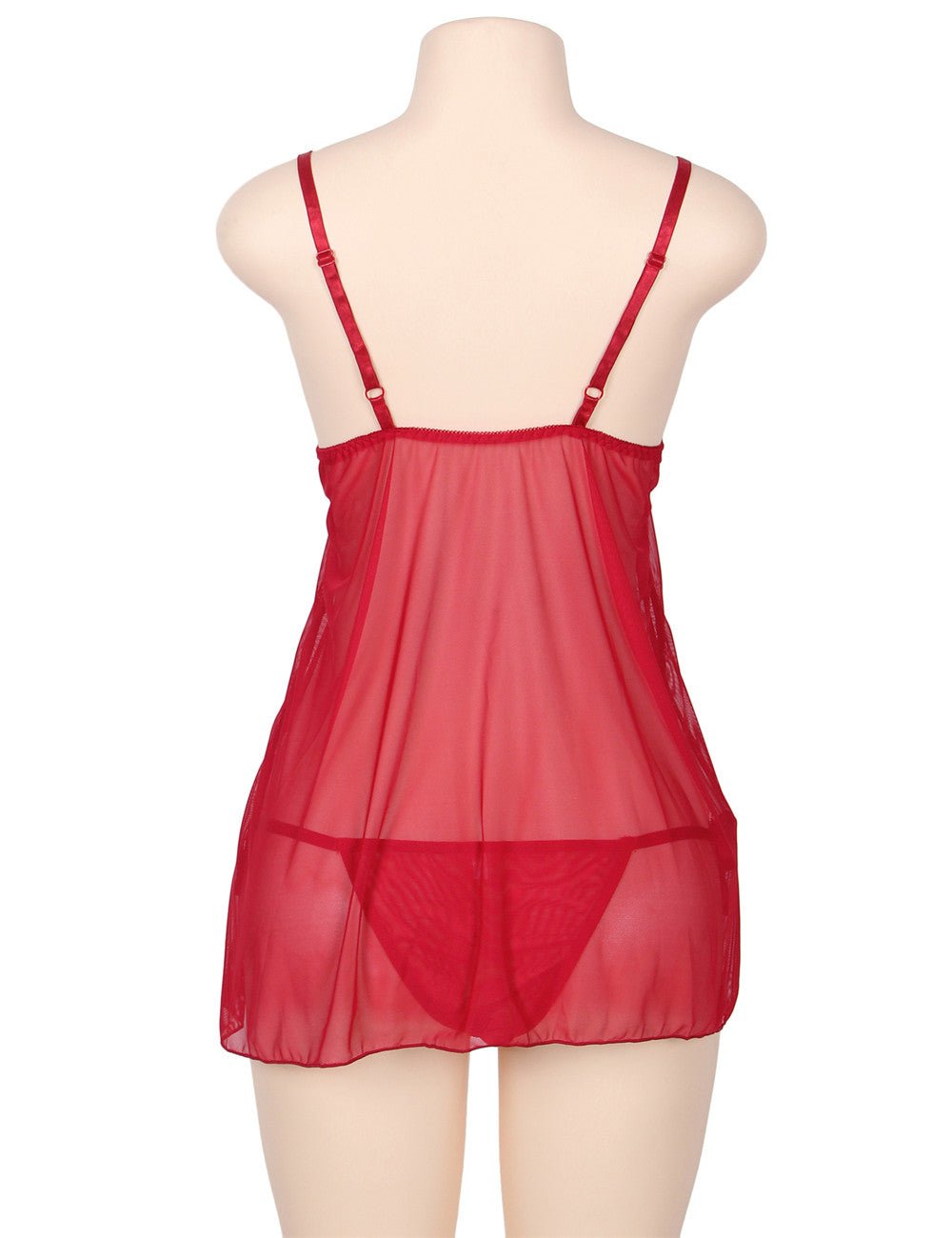 Red Sheer Mesh Babydoll – Deep V Neck, 3D Embroidery, Front Slit & Matching Thong - TeaseFashion