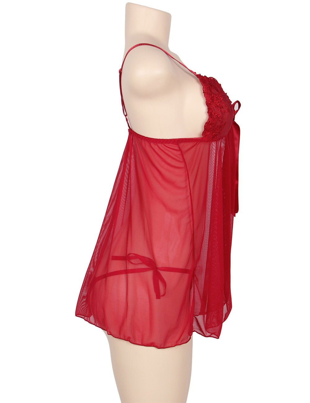 Red Sheer Mesh Babydoll – Deep V Neck, 3D Embroidery, Front Slit & Matching Thong - TeaseFashion