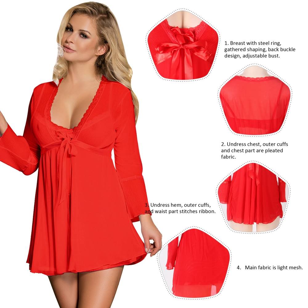 Red Sheer Mesh Babydoll – Underwire Bust, Lace Trim, Ribbon Accent & Thong Set - TeaseFashion