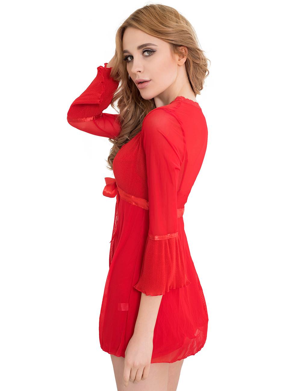 Red Sheer Mesh Babydoll – Underwire Bust, Lace Trim, Ribbon Accent & Thong Set - TeaseFashion