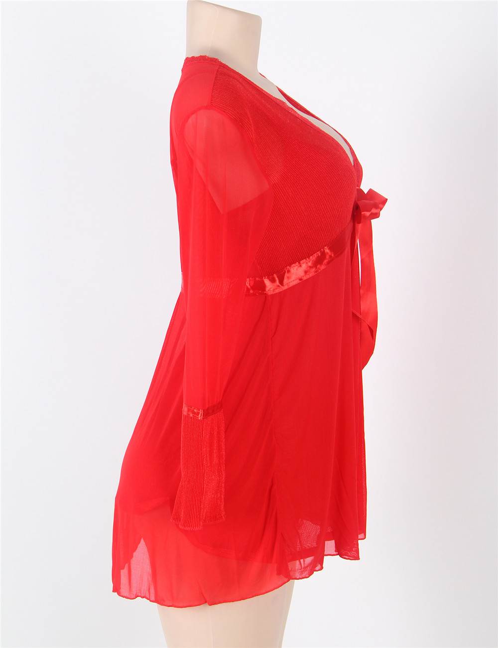 Red Sheer Mesh Babydoll – Underwire Bust, Lace Trim, Ribbon Accent & Thong Set - TeaseFashion