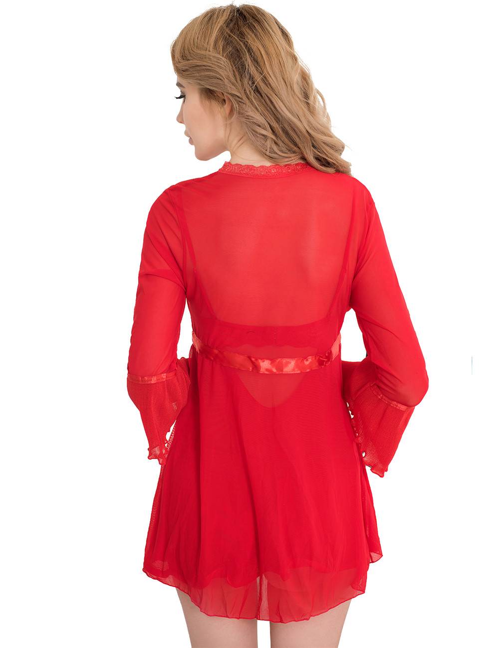 Red Sheer Mesh Babydoll – Underwire Bust, Lace Trim, Ribbon Accent & Thong Set - TeaseFashion