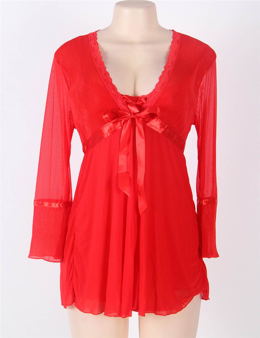 Red Sheer Mesh Babydoll – Underwire Bust, Lace Trim, Ribbon Accent & Thong Set - TeaseFashion