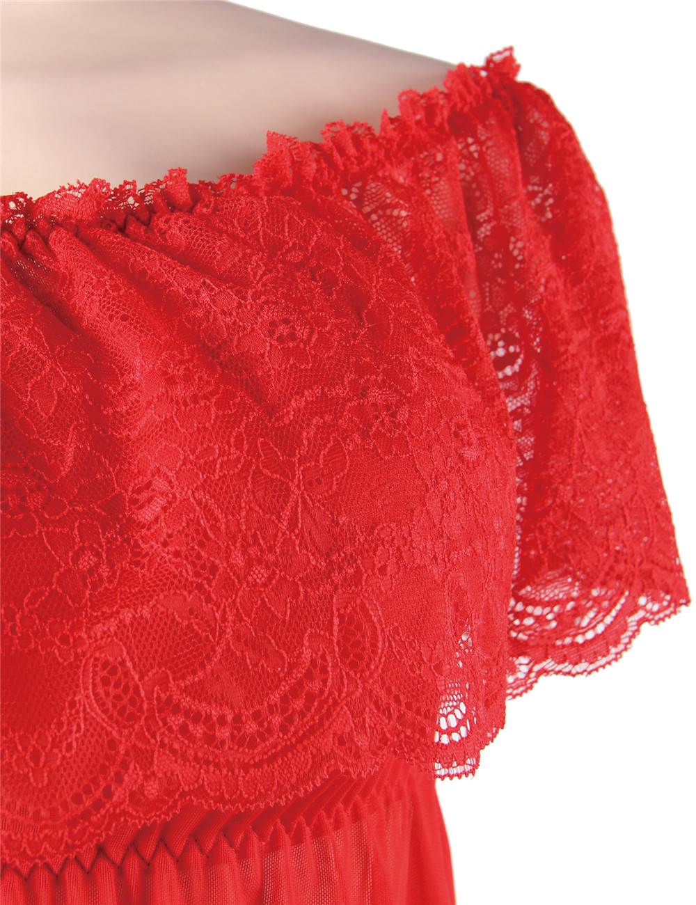 Red Sheer Mesh One - Shoulder Babydoll – Lace Neckline Detail, Umbrella Skirt & Matching Thong - TeaseFashion